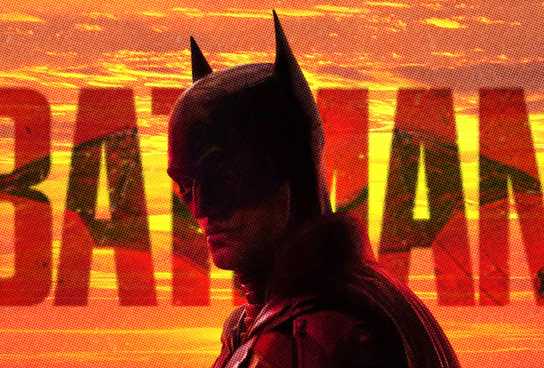 Custom Image of Robert Pattison as Bruce Wayne dressed as Batman against a fiery background with the word 