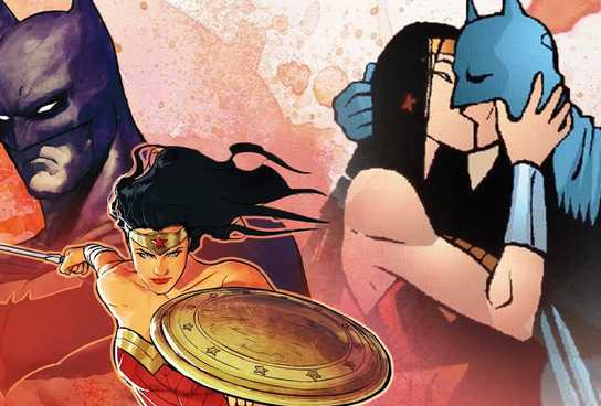 Collage of Batman and Wonder Woman in battle and of them kissing from DC Comics