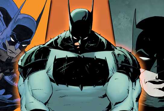 Batman from the Absolute Batman series in the center, with Batman from The Last Halloween series and Dark Patterns on the sides