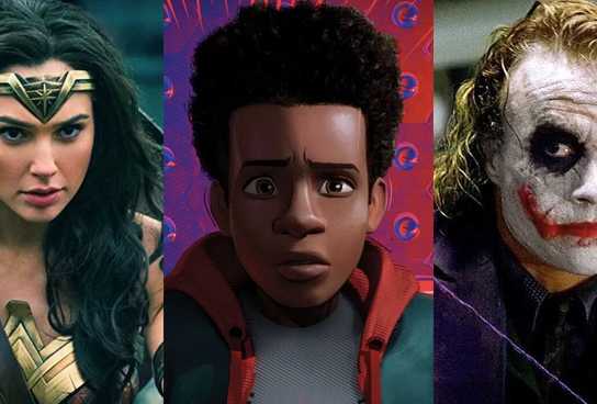 Split image shows Wonder Woman, Miles Morales, and Heath Ledger's Joker.